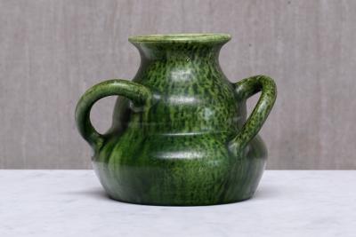 Sculptural Belgian Art Nouveau Green Glazed Tri Handled Vase circa 1910
