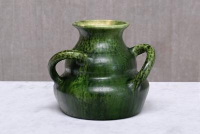 Sculptural Belgian Art Nouveau Green Glazed Tri Handled Vase circa 1910
