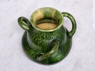 Sculptural Belgian Art Nouveau Green Glazed Tri Handled Vase circa 1910