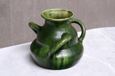 Sculptural Belgian Art Nouveau Green Glazed Tri Handled Vase circa 1910