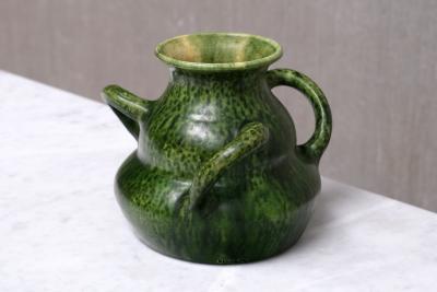 Sculptural Belgian Art Nouveau Green Glazed Tri Handled Vase circa 1910
