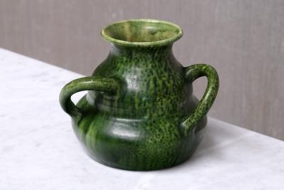 Sculptural Belgian Art Nouveau Green Glazed Tri Handled Vase circa 1910