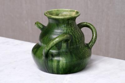 Sculptural Belgian Art Nouveau Green Glazed Tri Handled Vase circa 1910