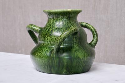 Sculptural Belgian Art Nouveau Green Glazed Tri Handled Vase circa 1910