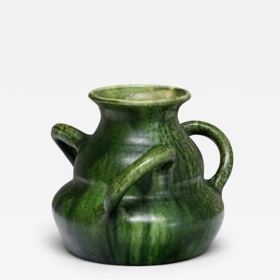 Sculptural Belgian Art Nouveau Green Glazed Tri Handled Vase circa 1910