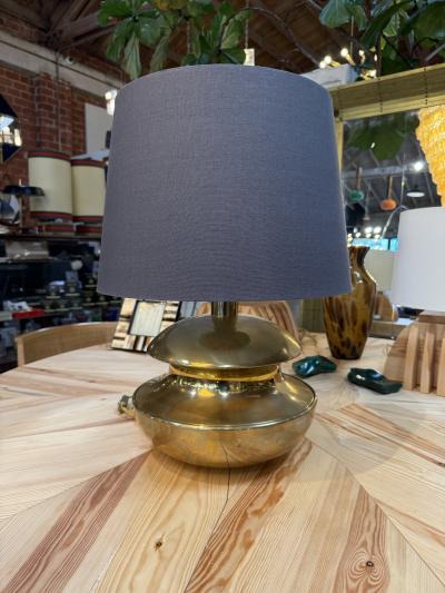 Sculptural Brass Table Lamp with Blue Shade 1970s