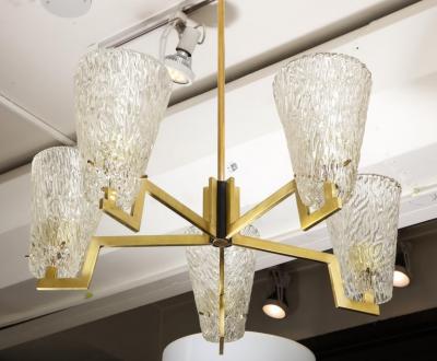 Sculptural Brass and Glass Six Arm Hanging Fixture