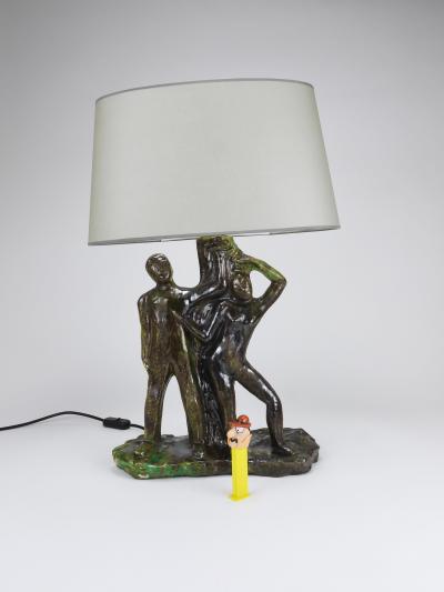 Sculptural Brutalist Art Table Lamp Man and Woman by a Tree Italy 1970s