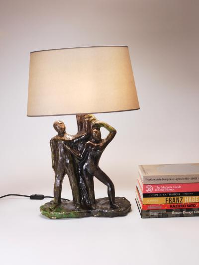 Sculptural Brutalist Art Table Lamp Man and Woman by a Tree Italy 1970s