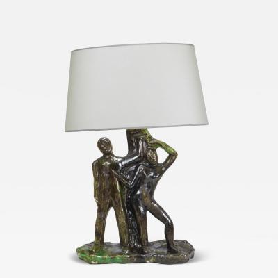 Sculptural Brutalist Art Table Lamp Man and Woman by a Tree Italy 1970s