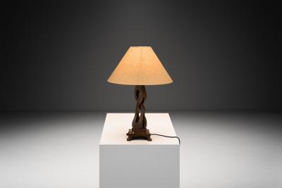 Sculptural Carved Oak Table Lamp Scandinavia Mid 20th Century