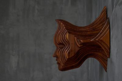 Sculptural Carved Wooden Mask Wall Panel France 1970s