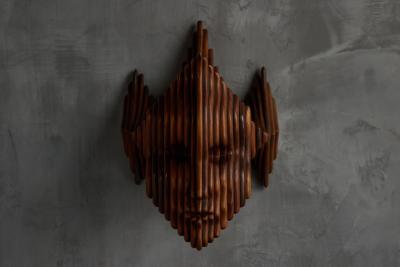 Sculptural Carved Wooden Mask Wall Panel France 1970s
