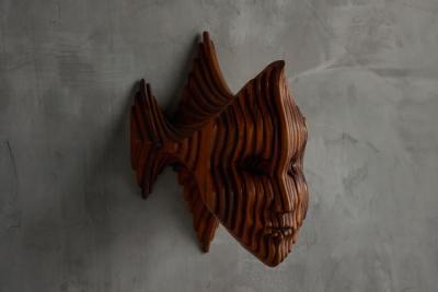 Sculptural Carved Wooden Mask Wall Panel France 1970s