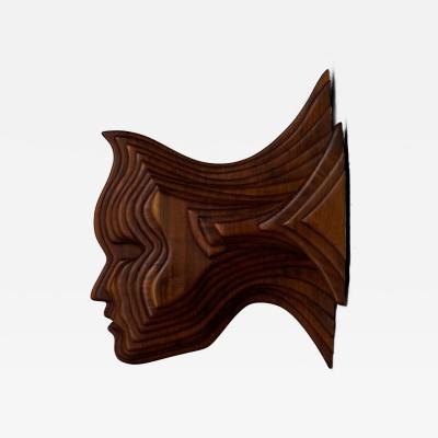 Sculptural Carved Wooden Mask Wall Panel France 1970s