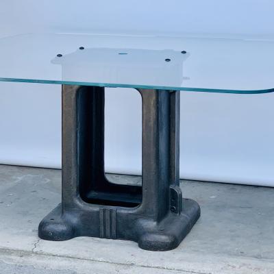 Sculptural Cast Iron Pedestal and Glass Industrial Dining Work Table