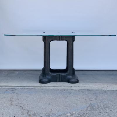 Sculptural Cast Iron Pedestal and Glass Industrial Dining Work Table