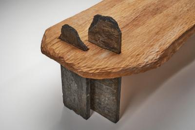Sculptural Coffee Table with Wood Etching and Slate Legs Europe ca 1990s