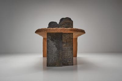 Sculptural Coffee Table with Wood Etching and Slate Legs Europe ca 1990s