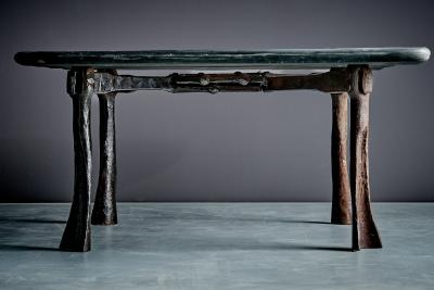 Sculptural Coffee Table with hand forged Iron Base and Slate Top