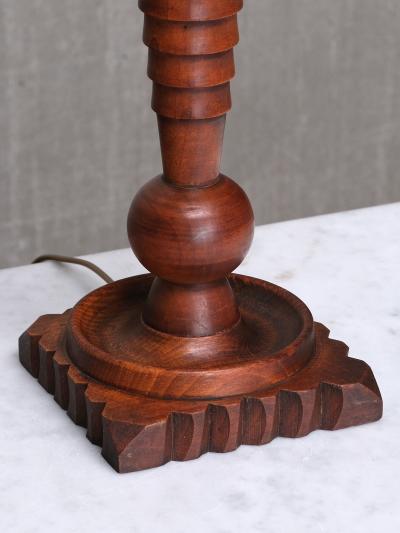 Sculptural French Art Deco Tall Table Lamp in Turned Oak and Ivory Shade 1920s