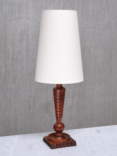 Sculptural French Art Deco Tall Table Lamp in Turned Oak and Ivory Shade 1920s