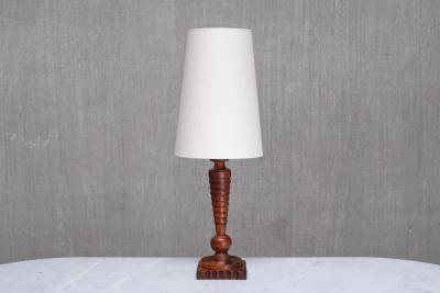 Sculptural French Art Deco Tall Table Lamp in Turned Oak and Ivory Shade 1920s