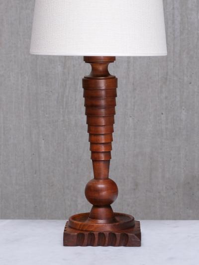 Sculptural French Art Deco Tall Table Lamp in Turned Oak and Ivory Shade 1920s