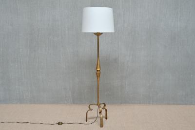 Sculptural French Modern Gilded Wrought Iron Three Legged Floor Lamp 1940s