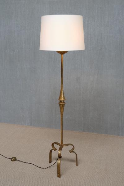 Sculptural French Modern Gilded Wrought Iron Three Legged Floor Lamp 1940s