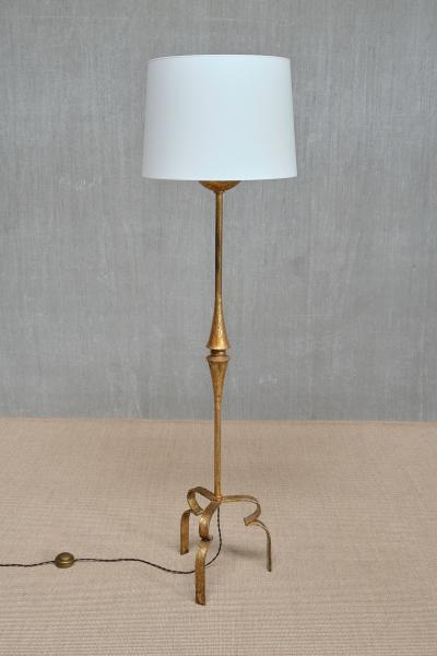 Sculptural French Modern Gilded Wrought Iron Three Legged Floor Lamp 1940s