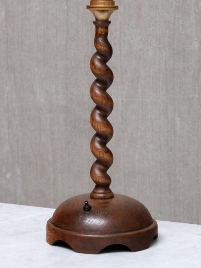Sculptural French Oak Table Lamp with Barley Twist Stem and Linen Shade 1950s