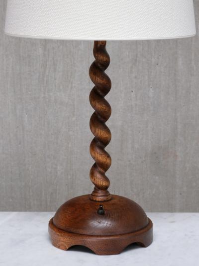 Sculptural French Oak Table Lamp with Barley Twist Stem and Linen Shade 1950s