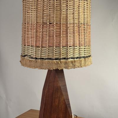 Sculptural Hawaiian Koa Wood Lamp with Custom Rattan Shade