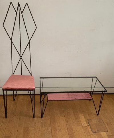 Sculptural Hight Back Chair and Side Table