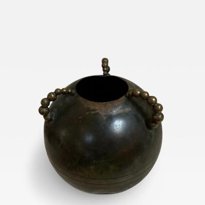 Sculptural Italian Patinated Brass Vase with Beaded Handles 1970s