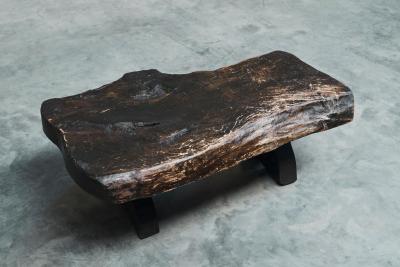 Sculptural Live Edge Coffee Table in Solid Dark Stained Wood Europe 1960s