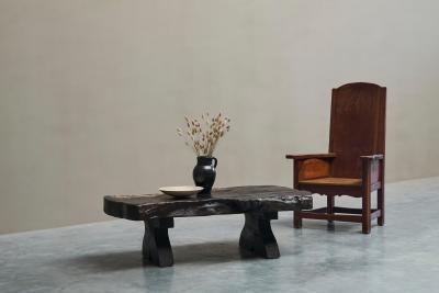 Sculptural Live Edge Coffee Table in Solid Dark Stained Wood Europe 1960s