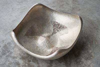 Sculptural Mid Century Centerpiece in Hand Hammered Silver Plated Metal