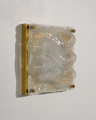 Sculptural Murano Ice Glass Wall Lamp with Brass Backplate Italy 1970s