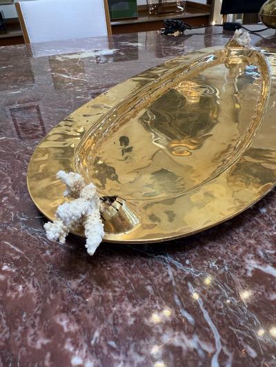 Sculptural Oval Brass Centerpiece Tray with Coral Accents Italy 1970s