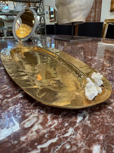 Sculptural Oval Brass Centerpiece Tray with Coral Accents Italy 1970s