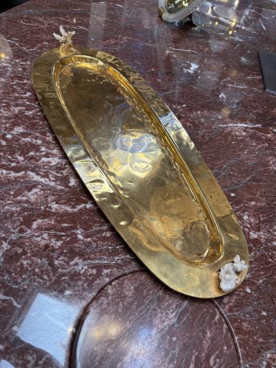 Sculptural Oval Brass Centerpiece Tray with Coral Accents Italy 1970s