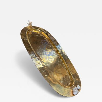 Sculptural Oval Brass Centerpiece Tray with Coral Accents Italy 1970s