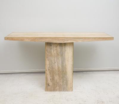 Sculptural Pair of Contemporary Travertine Consoles with Brass Banding