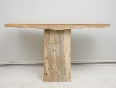 Sculptural Pair of Contemporary Travertine Consoles with Brass Banding