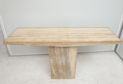Sculptural Pair of Contemporary Travertine Consoles with Brass Banding