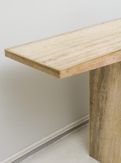 Sculptural Pair of Contemporary Travertine Consoles with Brass Banding