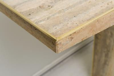 Sculptural Pair of Contemporary Travertine Consoles with Brass Banding