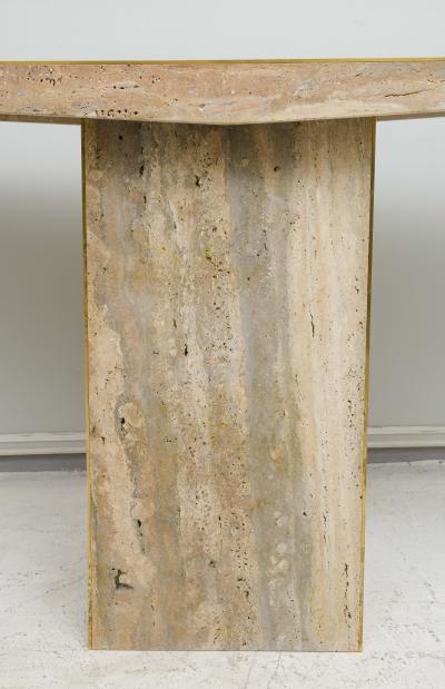 Sculptural Pair of Contemporary Travertine Consoles with Brass Banding